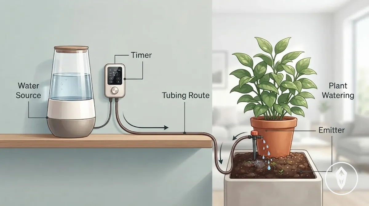 Schéma montrant comment un kit d’arrosage automatique achemine l’eau d’une source vers des goutteurs via des tuyaux