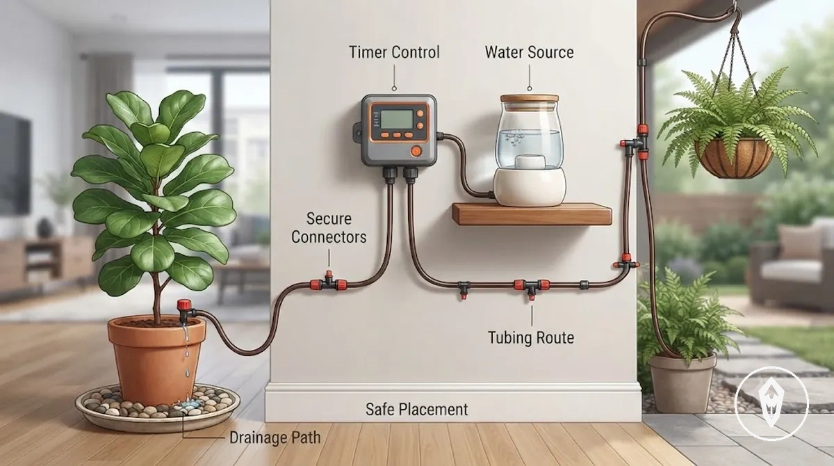 Conditions de sécurité du kit d arrosage automatique montrant l emplacement le contrôle de l eau et les vérifications des composants
