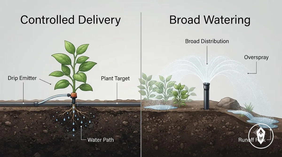Graphique de comparaison montrant une distribution contrôlée au goutte-à-goutte et des motifs d arrosage large autour de plantes avec des zones de projections et de ruissellement