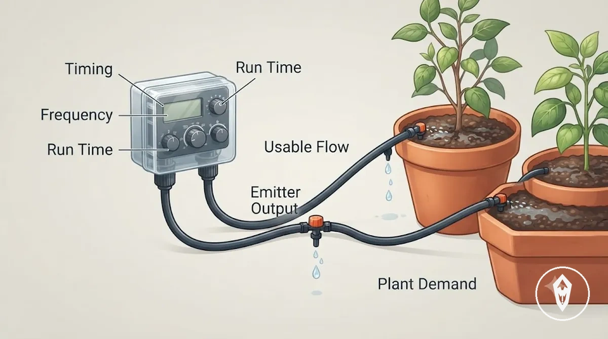 Diagramme montrant comment le temps, la durée et le débit fonctionnent ensemble avec les réglages de minuterie, le tube, le débit du goutteur et la distribution d’eau