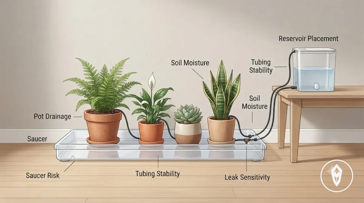 Plantes en pot d’intérieur reliées à un kit d’arrosage automatique pour les vacances avec tuyaux et goutteurs