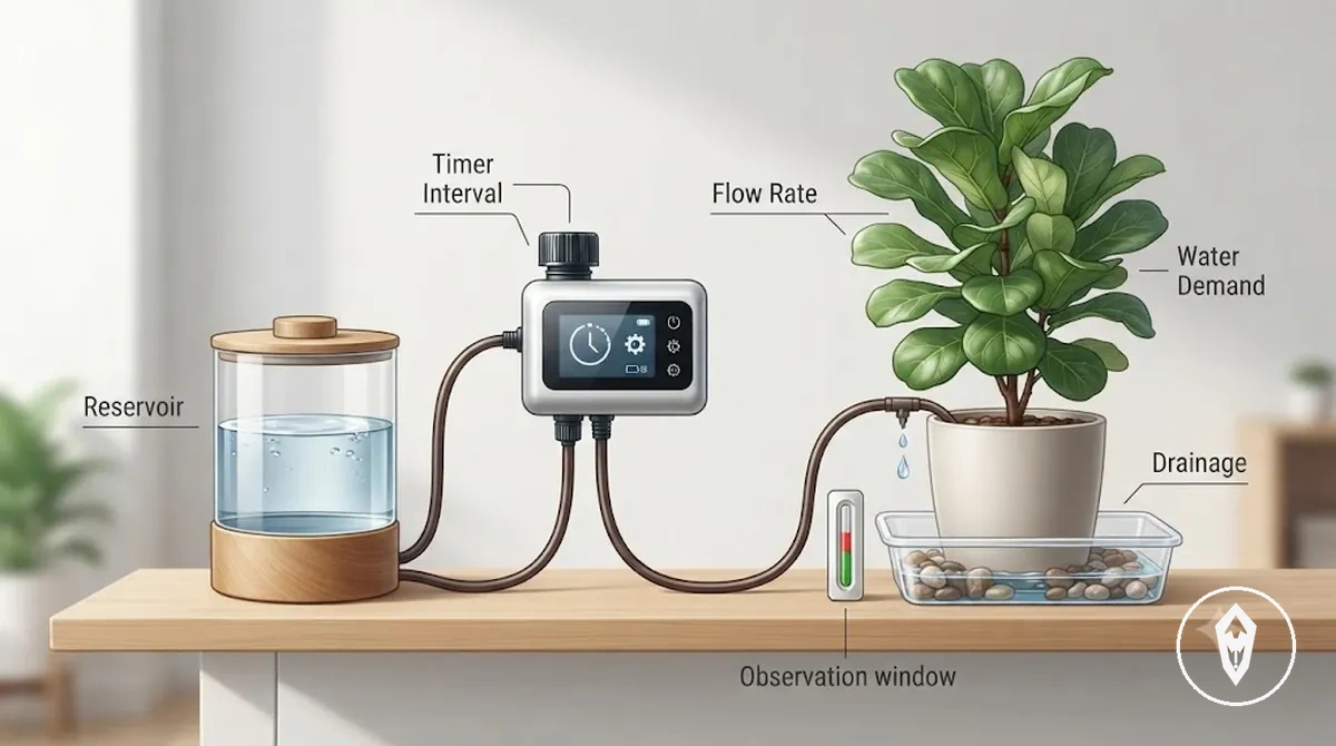 Minuterie de kit d arrosage automatique et contenant de plante montrant les vérifications du programme pour le risque de débordement en intérieur
