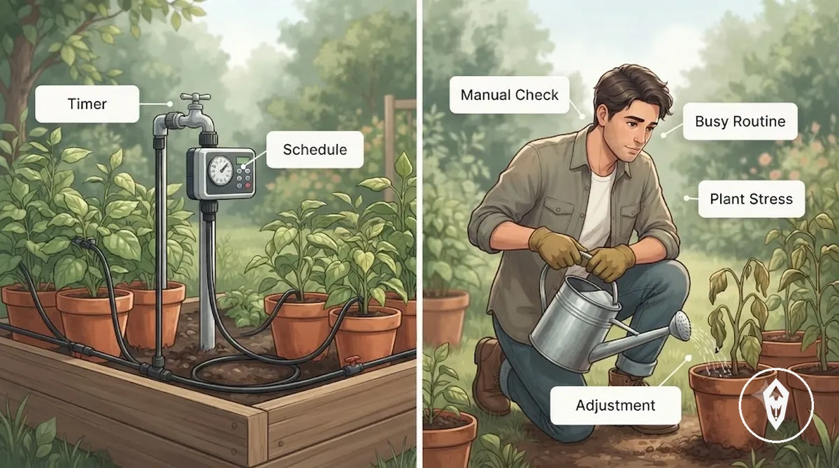 Comparaison entre un kit d’arrosage automatique et l’arrosage manuel montrant des routines chargées et l’attention portée à l’entretien des plantes