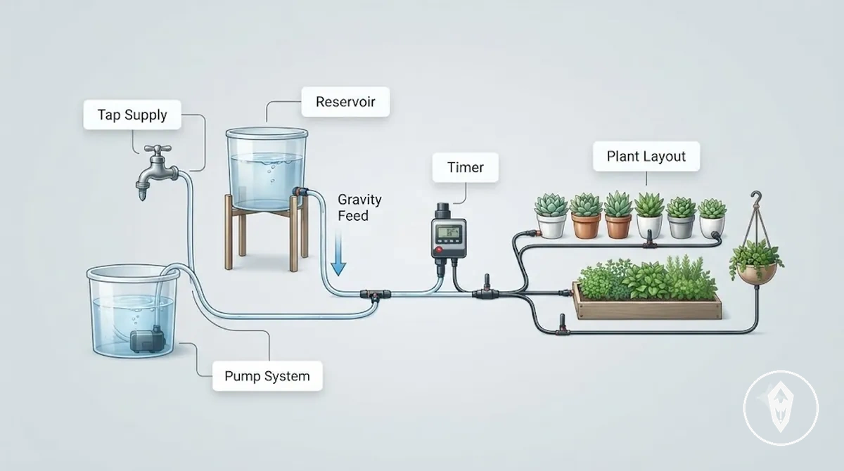 Sources d’eau des kits d’arrosage automatique montrant l’alimentation sous pression, l’alimentation par gravité, le système de pompe et l’emplacement des plantes