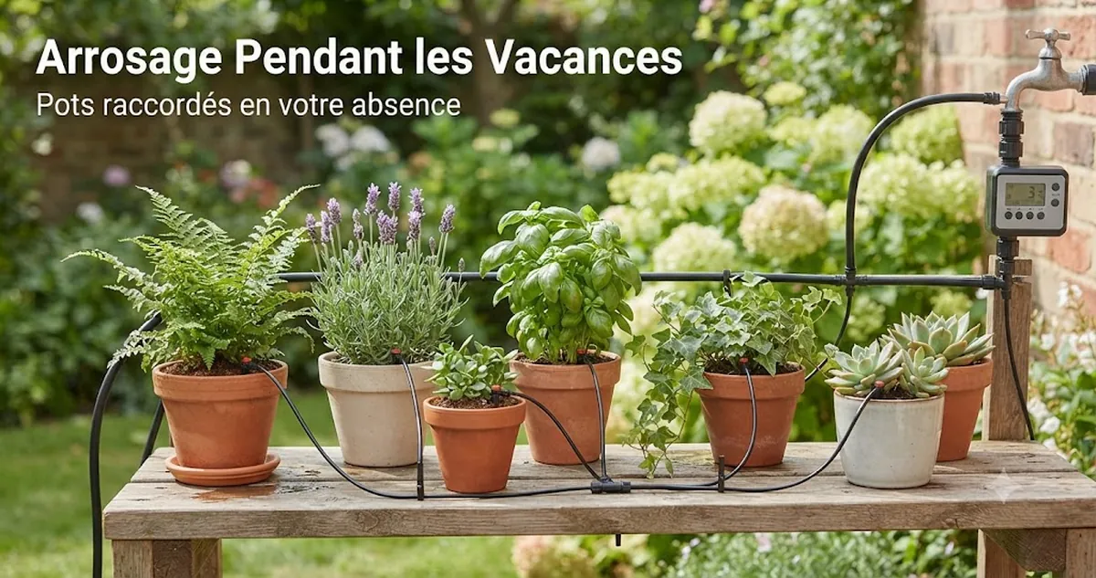 Kit d’arrosage automatique raccordé à des plantes en pot pour un arrosage sans surveillance pendant les vacances