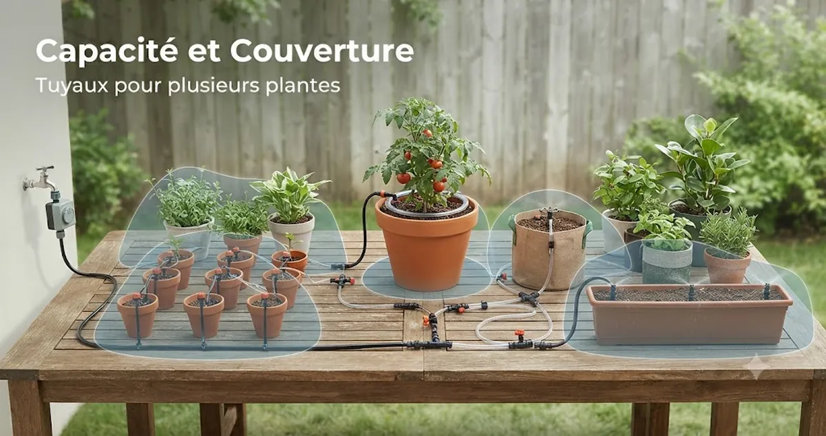 Disposition d’un kit d’arrosage automatique montrant la couverture des tuyaux sur plusieurs plantes et contenants