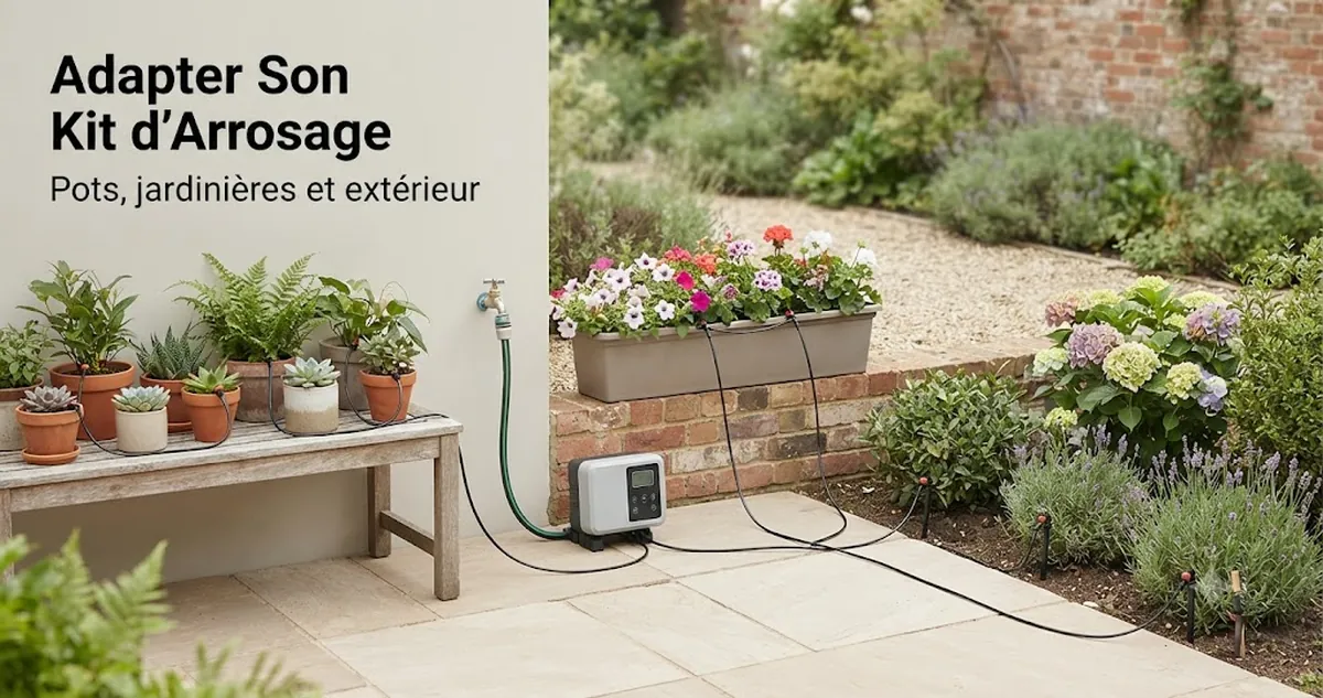 Kit d’arrosage automatique raccordé à des pots, jardinières et plantes d’extérieur pour montrer la compatibilité de l’installation