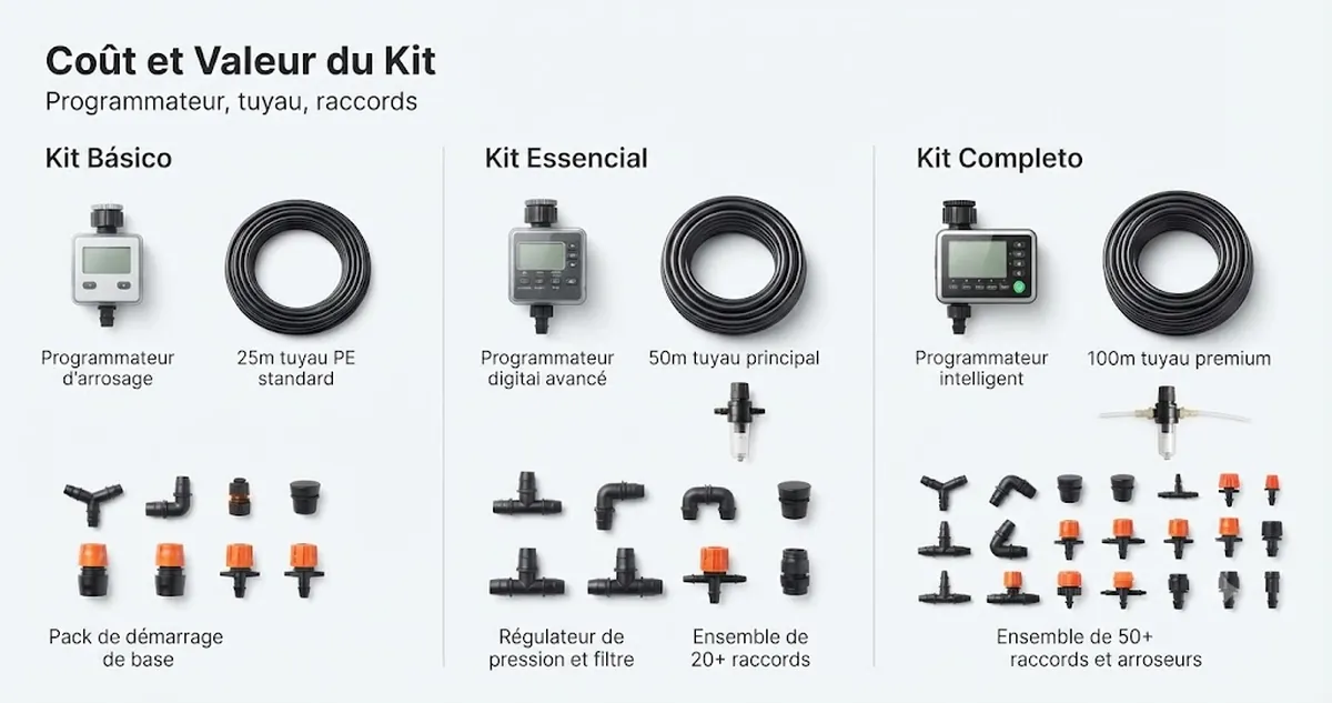 Pièces de kit d’arrosage automatique disposées pour comparer la valeur selon le programmateur, la longueur du tuyau, les raccords et la couverture
