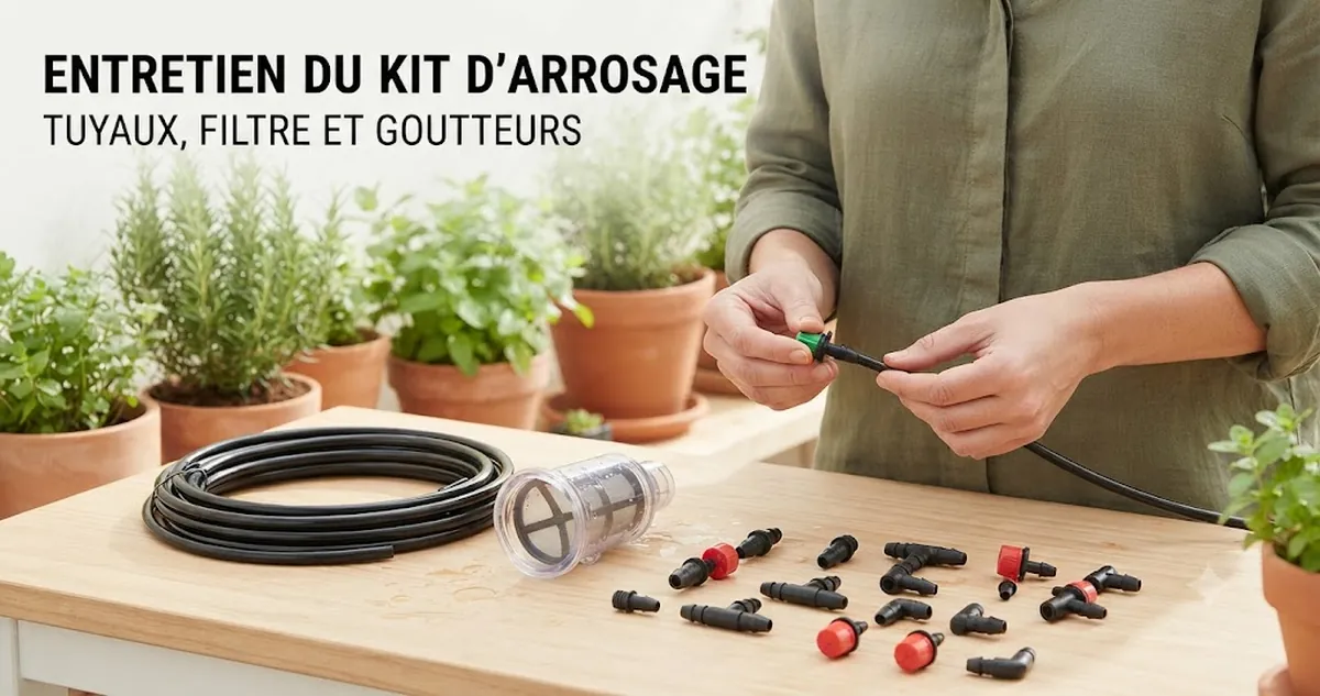 Entretien d’un kit d’arrosage automatique avec tuyaux, raccords, filtre et goutteurs en cours de vérification