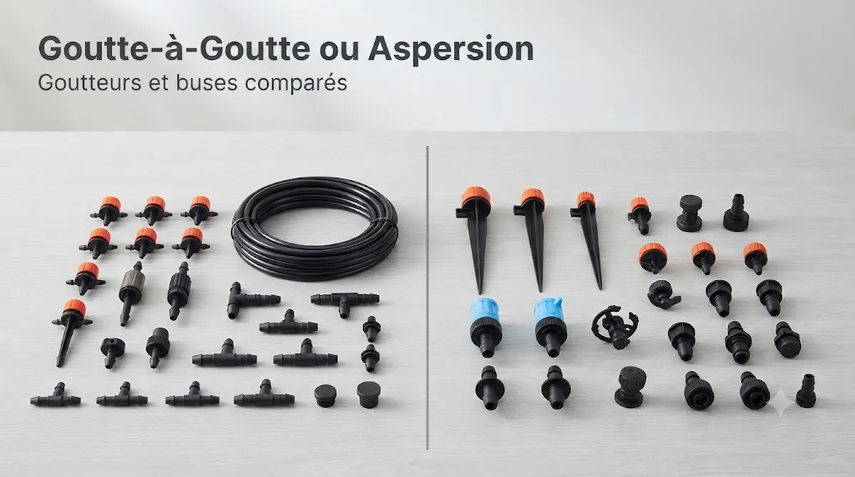 Pièces de kits d’arrosage automatique goutte-à-goutte et par aspersion côte à côte avec goutteurs et buses de pulvérisation