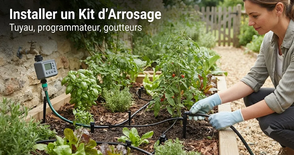 Installation d’un kit d’arrosage automatique avec raccords de tuyau, position du programmateur et goutteurs près des plantes