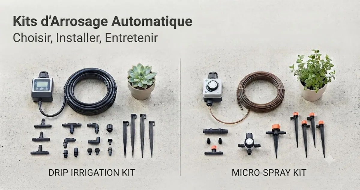 Kit d’arrosage automatique avec tuyau, programmateur, raccords et pièces d’arrosage pour plantes disposés pour comparaison