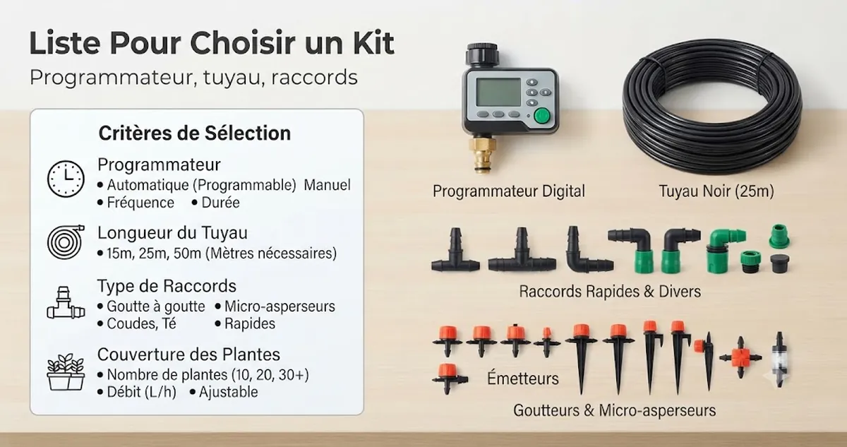Liste de choix d’un kit d’arrosage automatique avec critères de programmateur, longueur de tuyau, type de raccord et couverture des plantes