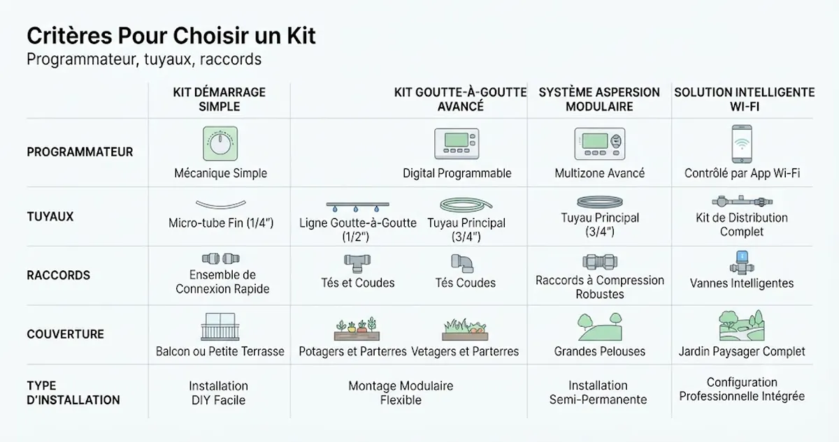 Options de kits d’arrosage automatique disposées selon le programmateur, les tuyaux, les raccords, la couverture et le type d’installation des plantes