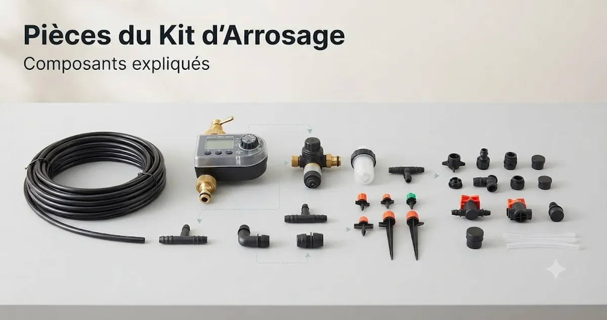 Composants d’un kit d’arrosage automatique avec tuyau, goutteurs, raccords, vannes et pièces du programmateur
