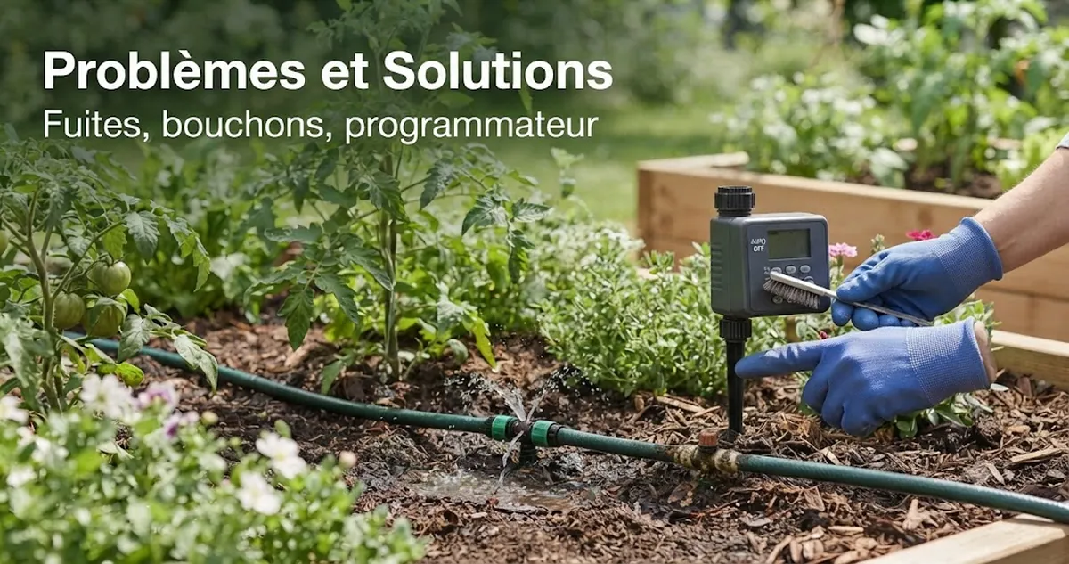 Scène de dépannage d’un kit d’arrosage automatique avec tuyau qui fuit, goutteurs bouchés et commandes du programmateur