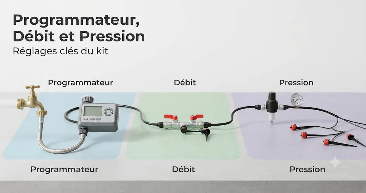 Programmateur de kit d’arrosage automatique raccordé au tuyau avec réglages de débit et pièces liées à la pression