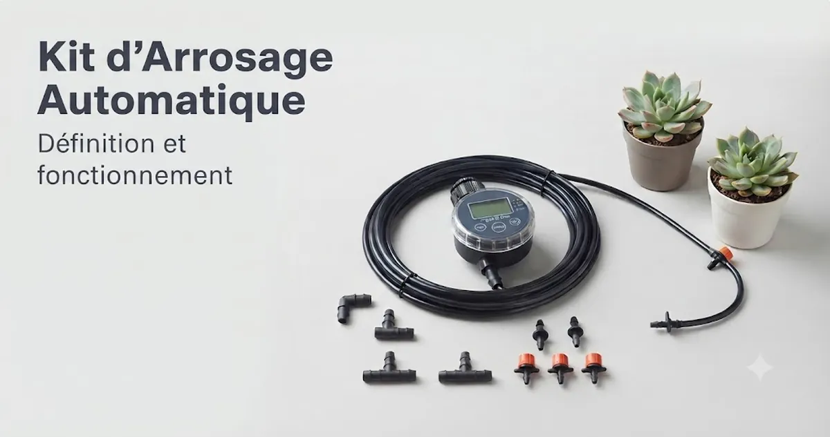 Kit d’arrosage automatique simple avec programmateur, tuyau, raccords et sorties goutte-à-goutte pour plantes