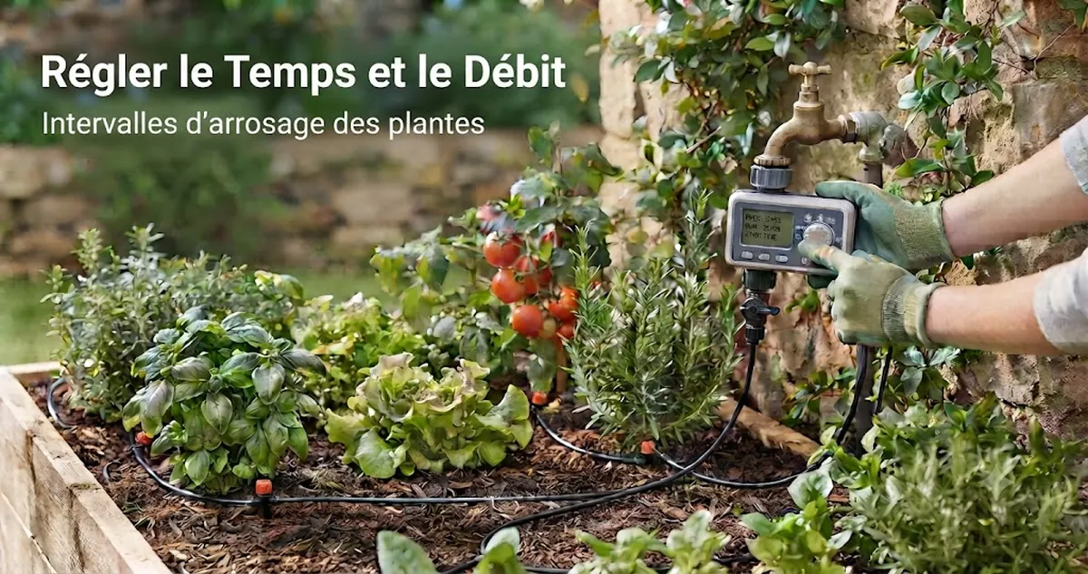 Programmateur et réglages de débit d’un kit d’arrosage automatique configurés pour les intervalles d’arrosage des plantes