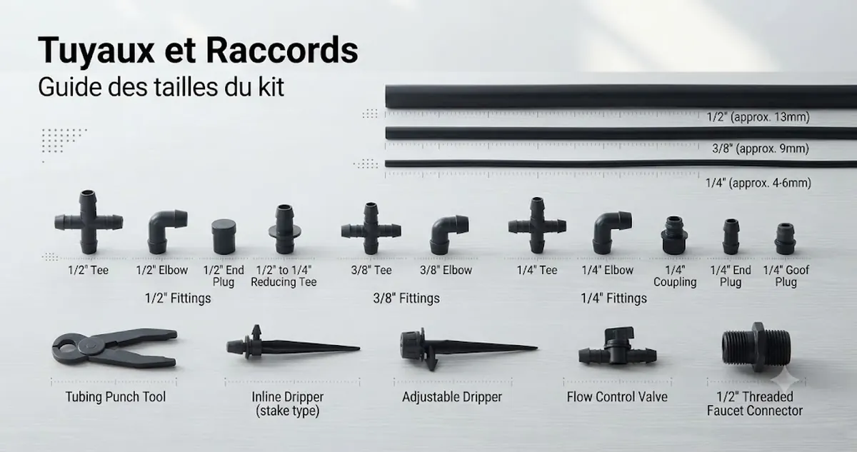 Tuyaux, raccords cannelés, répartiteurs et embouts d’un kit d’arrosage automatique disposés pour comparer les tailles
