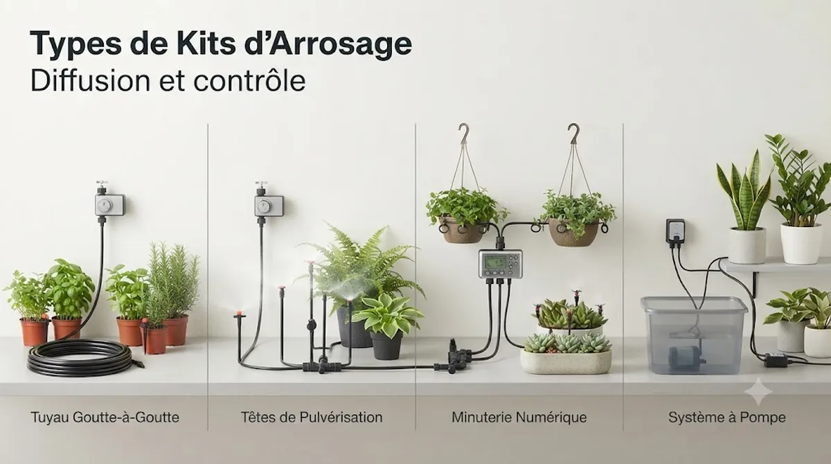 Différents types de kits d’arrosage automatique avec tuyau goutte-à-goutte, têtes d’aspersion, contrôle par programmateur et systèmes avec pompe