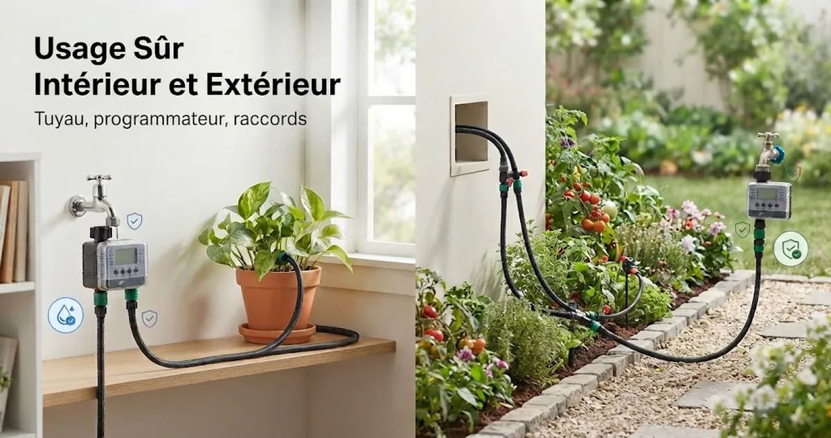 Kit d’arrosage automatique utilisé en intérieur et extérieur avec tuyau, programmateur et raccords pour plantes bien fixés