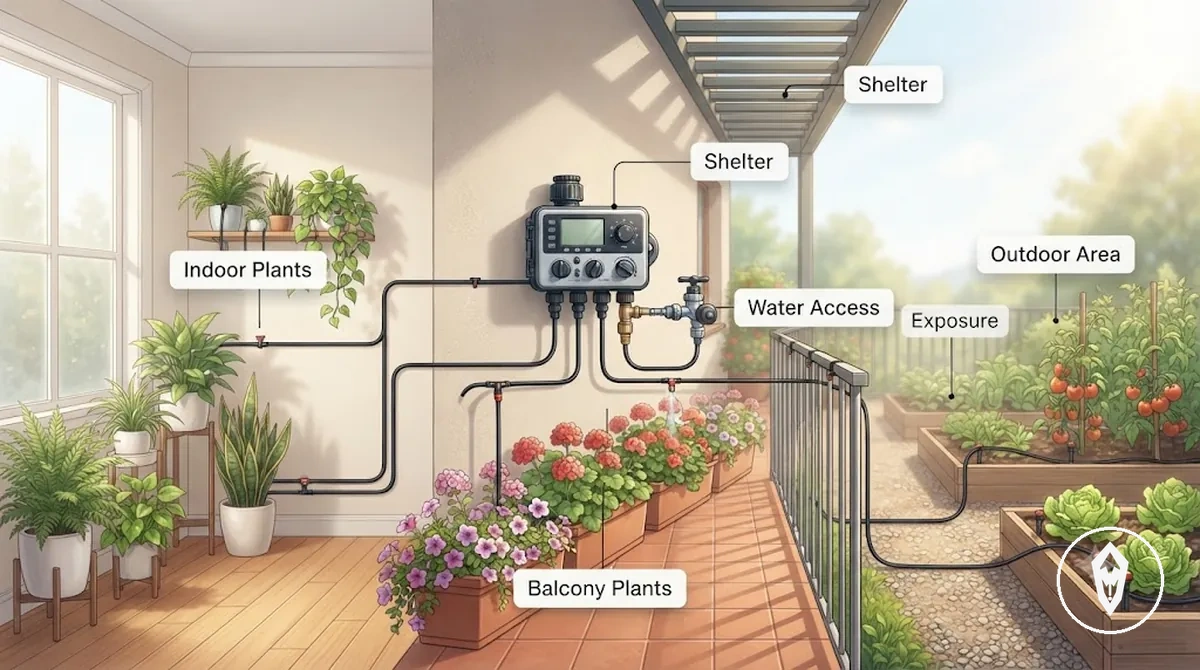Gráfico comparativo das condições de compatibilidade de kits de irrigação automática para ambientes internos, externos e varandas