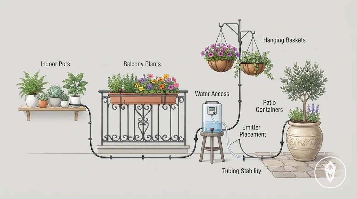 Configurações de plantas adequadas a kits de rega para férias com vasos internos, recipientes de varanda, tubos e gotejadores