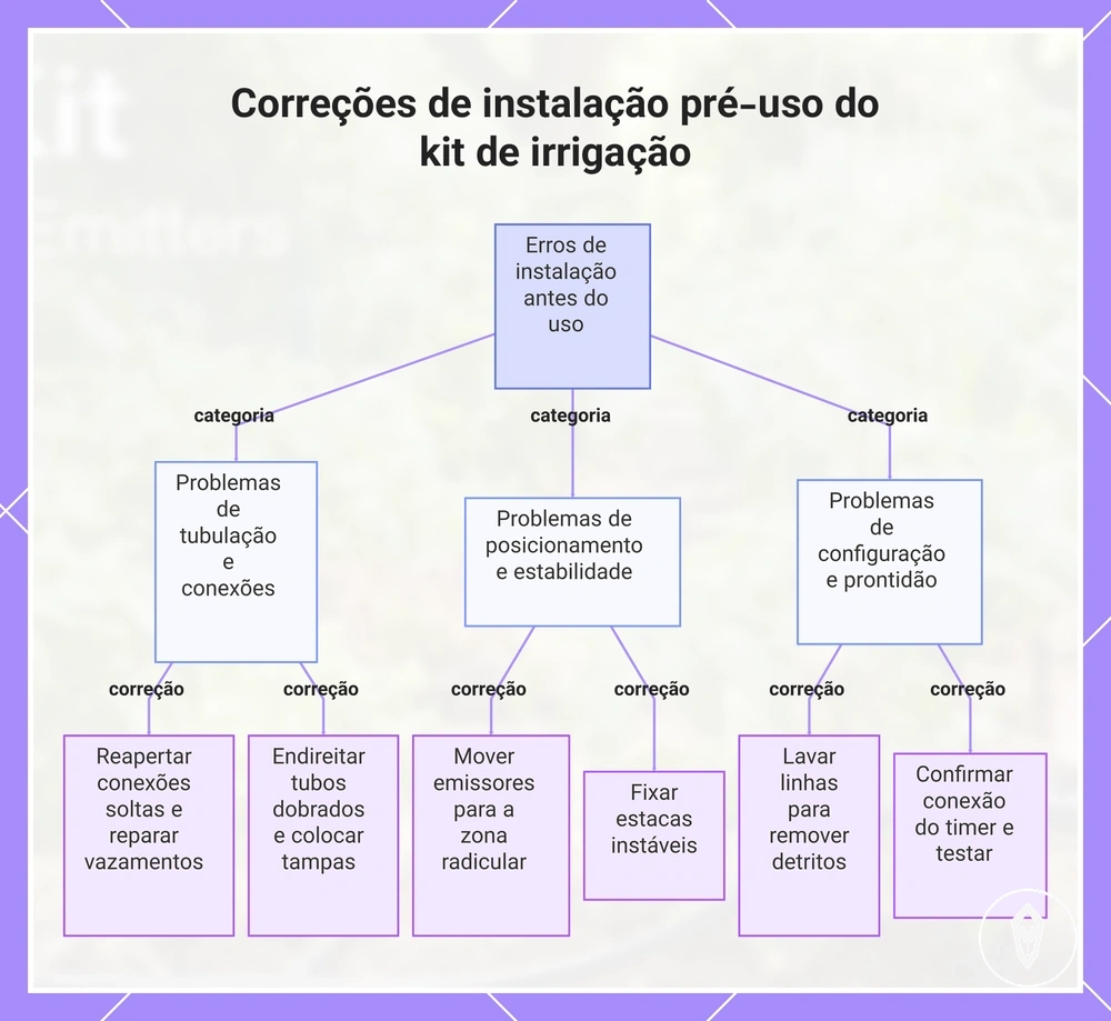 Correções de instalação pré-uso do kit de irrigação