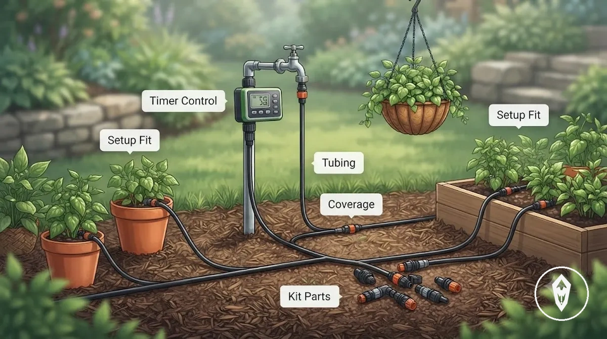 O que custo e valor significam para kits de irrigação automática, mostrado com peças do kit e condições de configuração