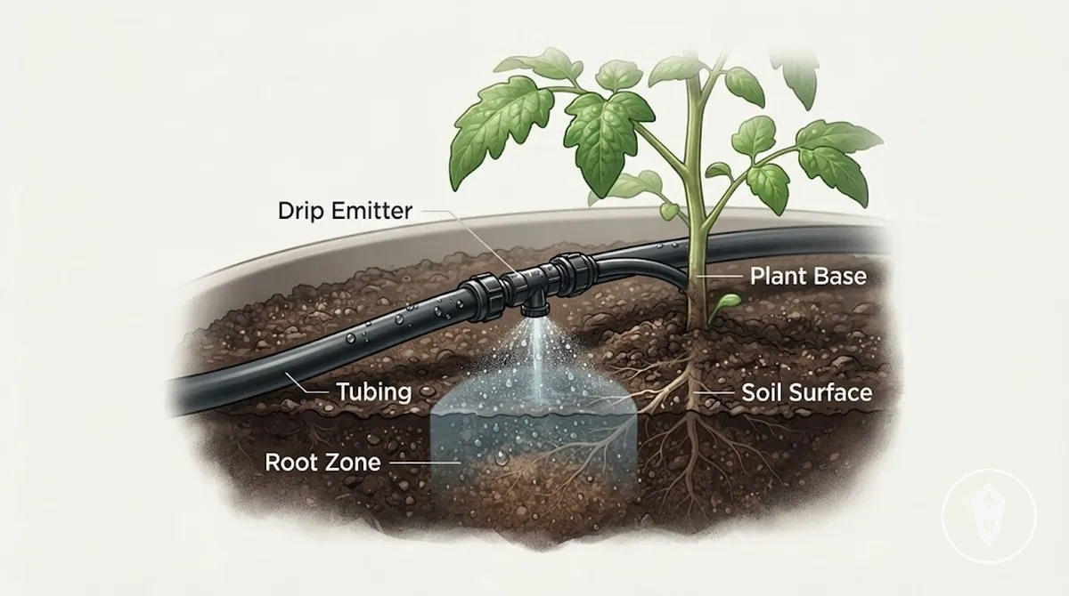 Emissor de gotejamento colocado próximo à zona radicular de uma planta em um kit de irrigação automática