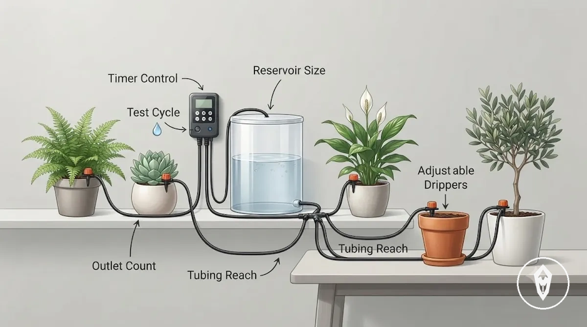Elementos de seleção de kit de irrigação automática para cuidados com plantas sem supervisão com temporizador, reservatório, tubulação e gotejadores