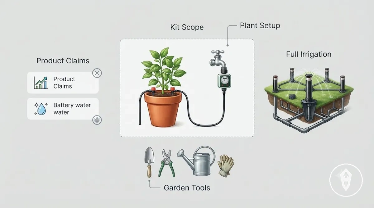Diagrama de escopo mostrando um pequeno kit de irrigação automática separado de sistemas de irrigação maiores e listagens de produtos
