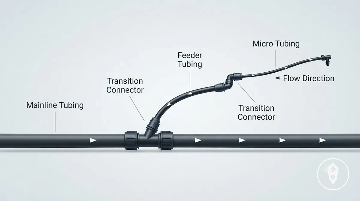 Mangueira principal, de alimentação e micro mangueira mostradas com conector de transição em um layout de irrigação automática