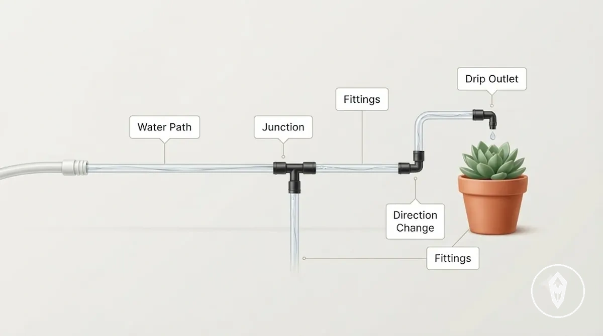 Mangueiras e conectores em um layout de kit de irrigação automática com conexões de junção e mudança de direção identificadas