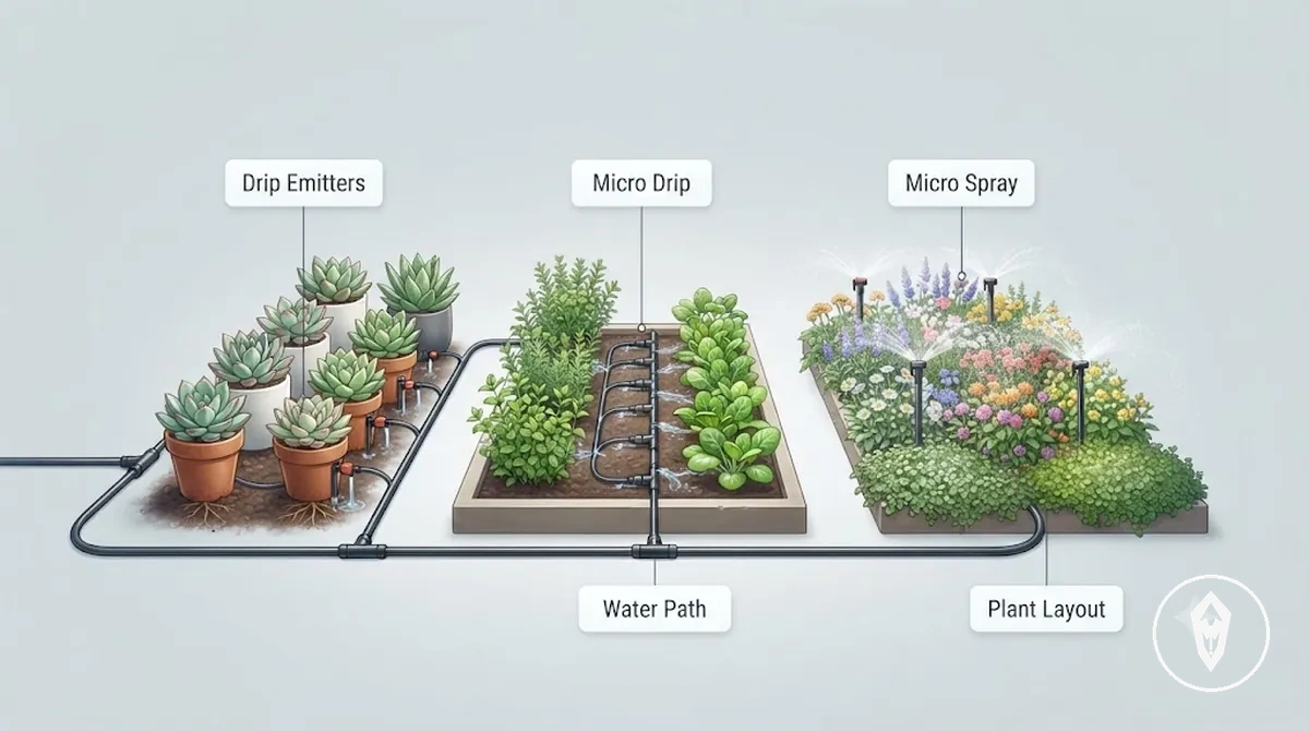 Métodos de aplicação de kits de irrigação automática mostrando saídas de gotejamento, cabeçotes de pulverização, tubulação, caminhos da água e posicionamento das plantas