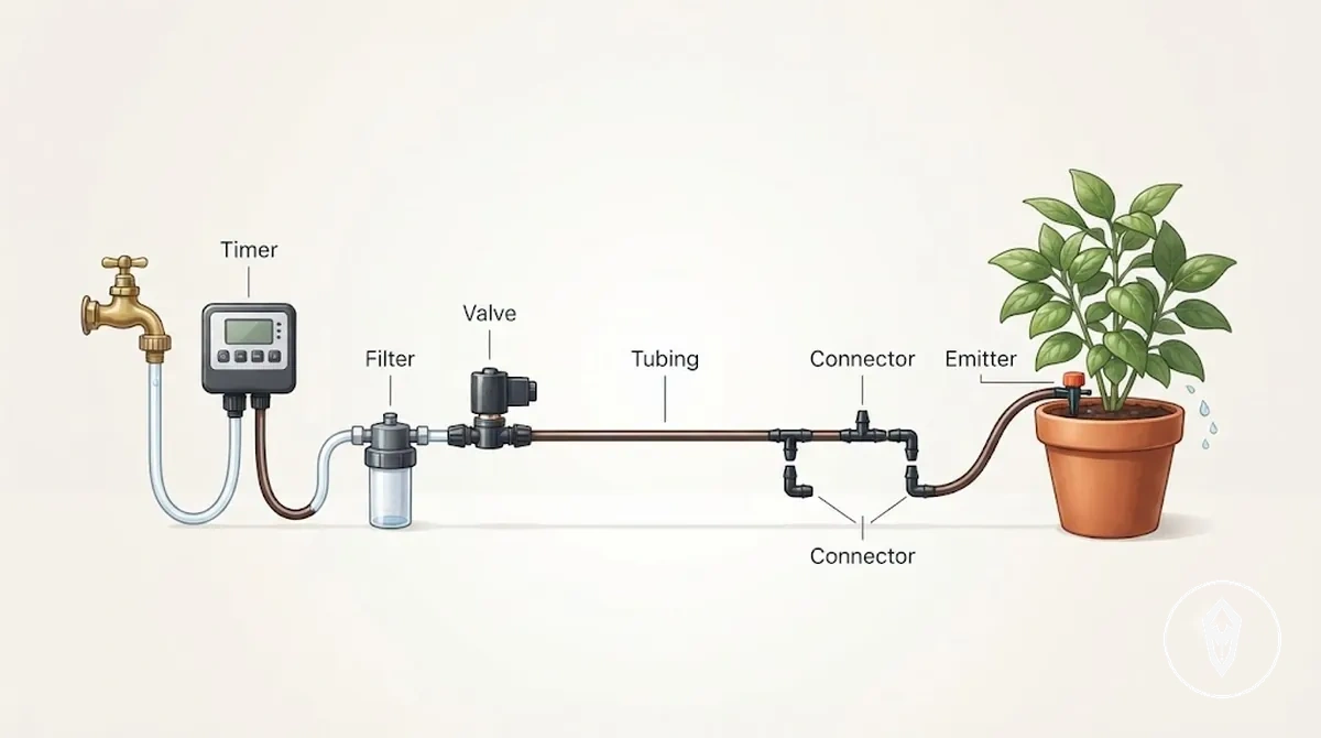 Peças de kit de irrigação automática identificadas por temporizador, tubo, conector, filtro, válvula e gotejador