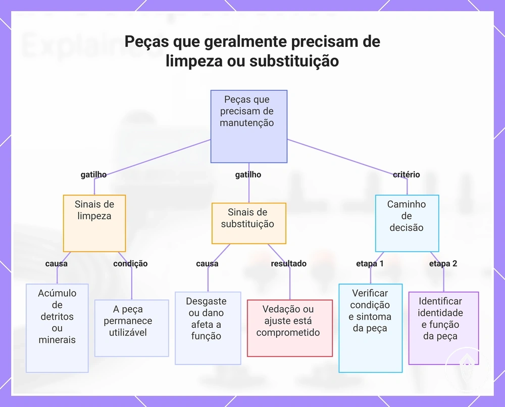 Peças que geralmente precisam de limpeza ou substituição