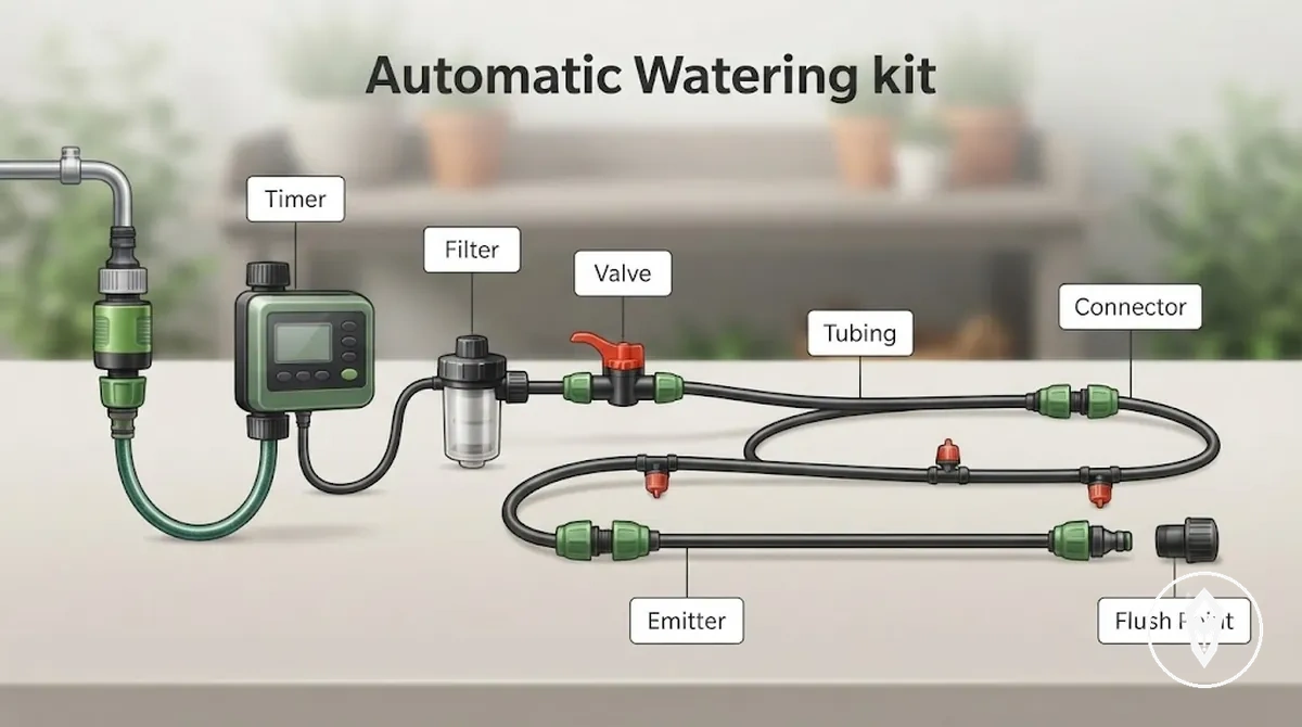 Peças do kit de irrigação automática incluindo filtro, gotejador, tubos, conectores, válvula, temporizador e componentes do ponto de lavagem