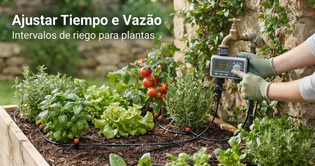 Temporizador e controles de vazão de kit de irrigação automática configurados para intervalos de rega de plantas