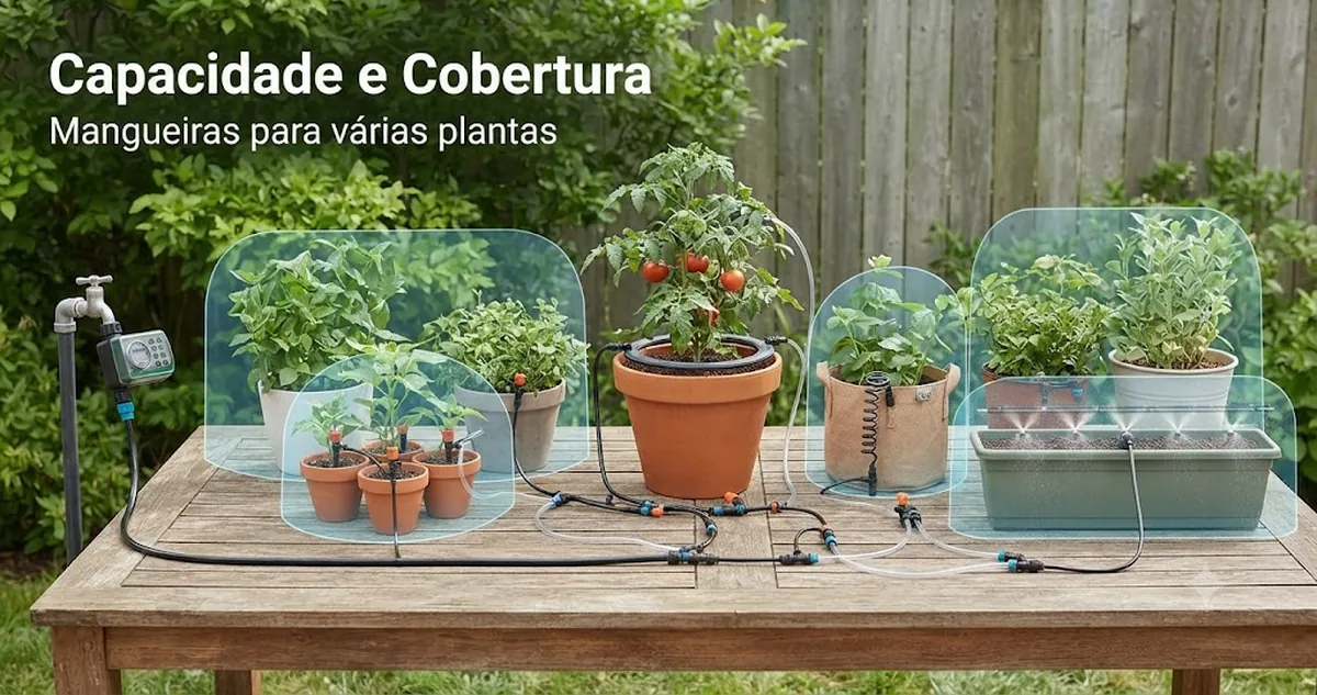 Distribuição de um kit de irrigação automática com mangueiras cobrindo várias plantas e vasos