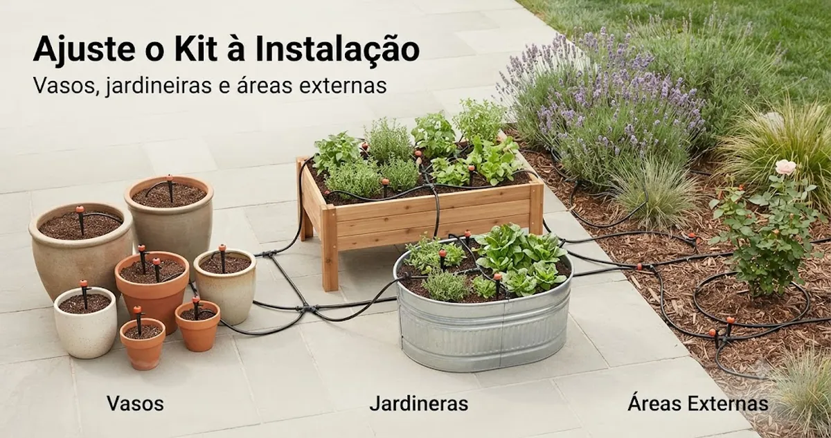 Kit de irrigação automática conectado a vasos, jardineiras e plantas externas para mostrar compatibilidade da instalação