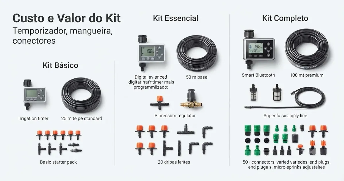 Peças de um kit de irrigação automática organizadas para comparar valor por temporizador, comprimento da mangueira, conectores e cobertura