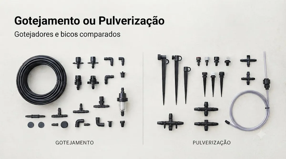 Comparação de peças de kits de irrigação automática por gotejamento e pulverização com gotejadores e bicos pulverizadores