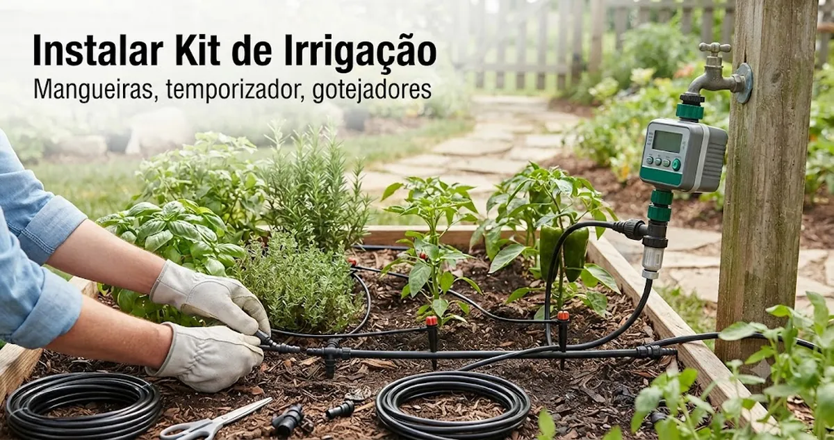 Instalação de kit de irrigação automática com conexões de mangueira, posicionamento do temporizador e gotejadores perto das plantas
