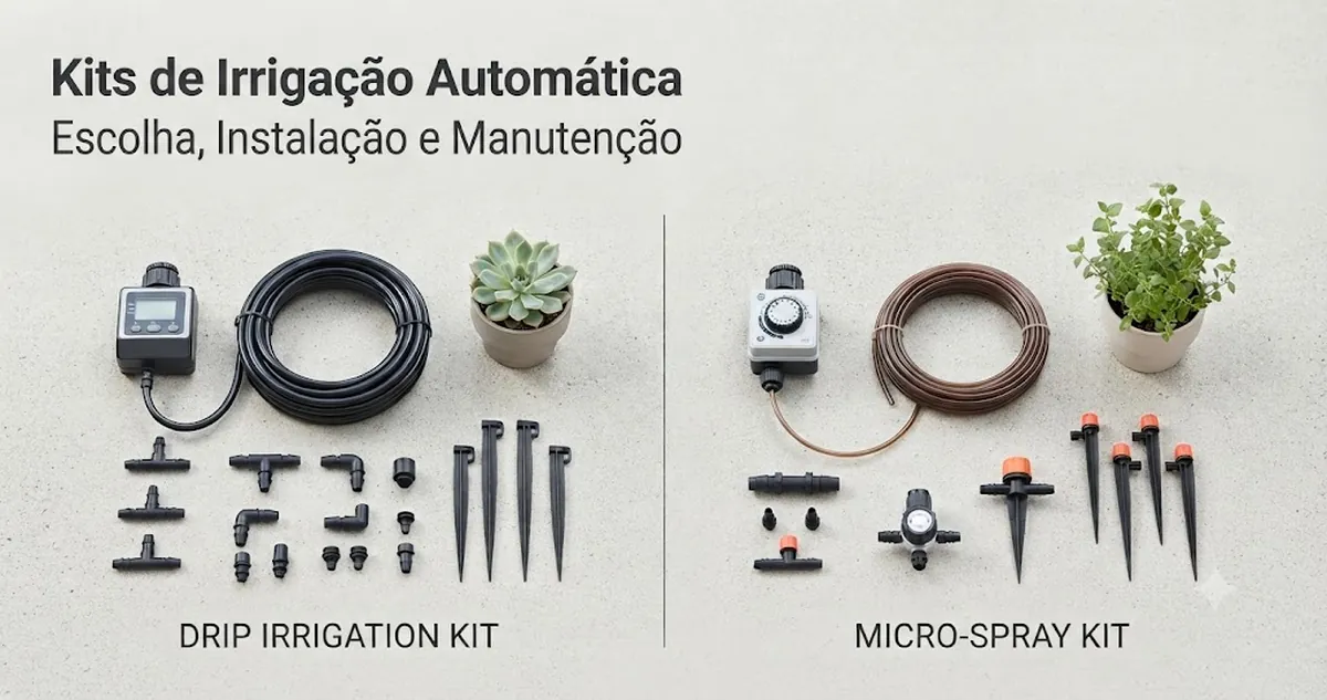 Kit de irrigação automática com mangueiras, temporizador, conectores e peças para irrigação de plantas organizadas para comparação