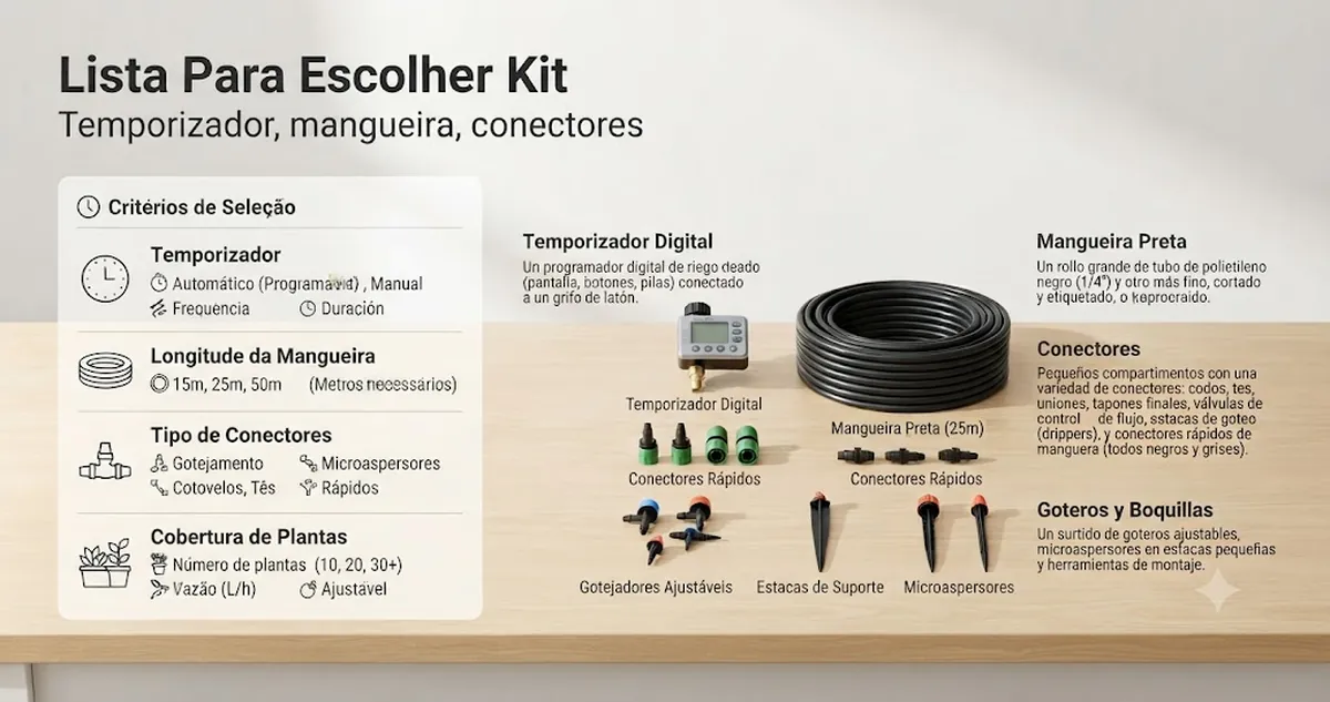 Lista de escolha de um kit de irrigação automática com critérios de temporizador, comprimento da mangueira, tipo de conector e cobertura das plantas