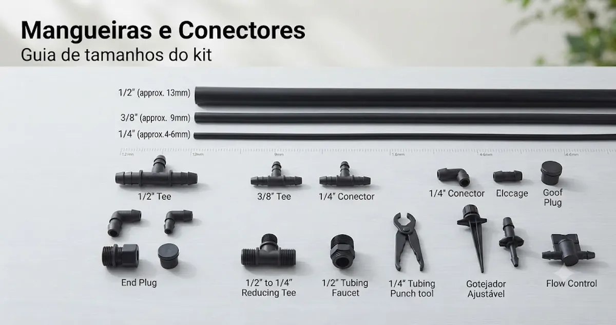 Mangueiras, conectores de espiga, divisores e encaixes de um kit de irrigação automática organizados para comparação de tamanhos