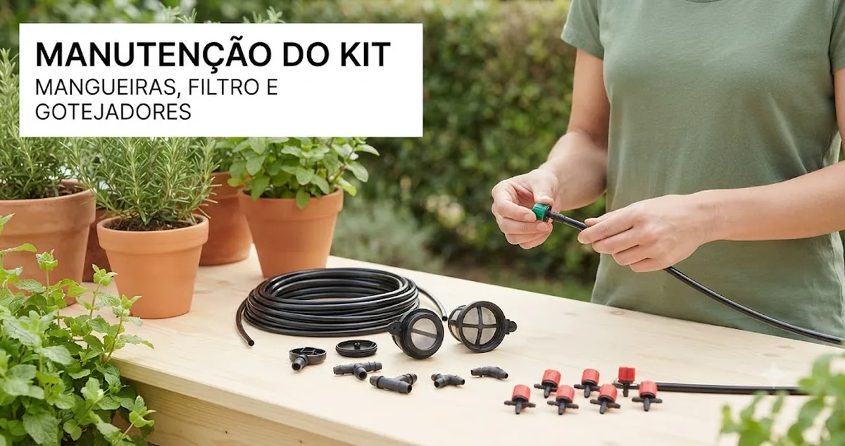 Manutenção de um kit de irrigação automática com mangueiras, conectores, filtro e gotejadores em verificação
