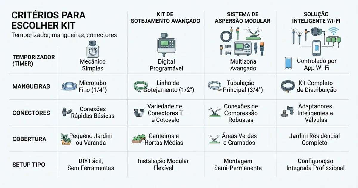 Opções de kits de irrigação automática organizadas por temporizador, mangueiras, conectores, cobertura e tipo de instalação